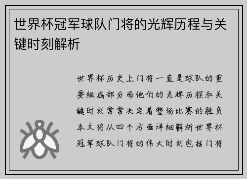 世界杯冠军球队门将的光辉历程与关键时刻解析