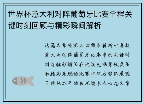 世界杯意大利对阵葡萄牙比赛全程关键时刻回顾与精彩瞬间解析