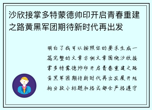沙欣接掌多特蒙德帅印开启青春重建之路黄黑军团期待新时代再出发